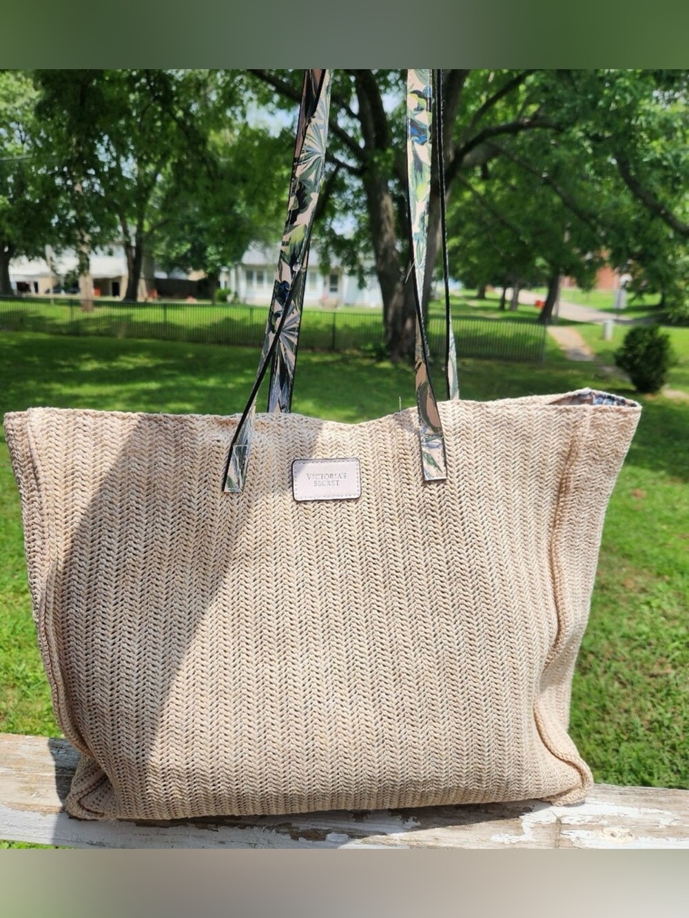 Victoria's Secret Palm Tree Woven Tote neutral straw exterior tropical handles